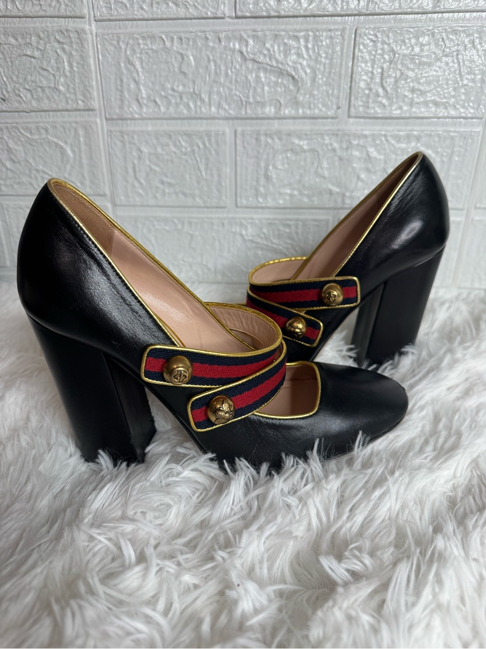 Gucci Black Leather Carly Mary Jane Block Heels with Red and Blue Web Trim